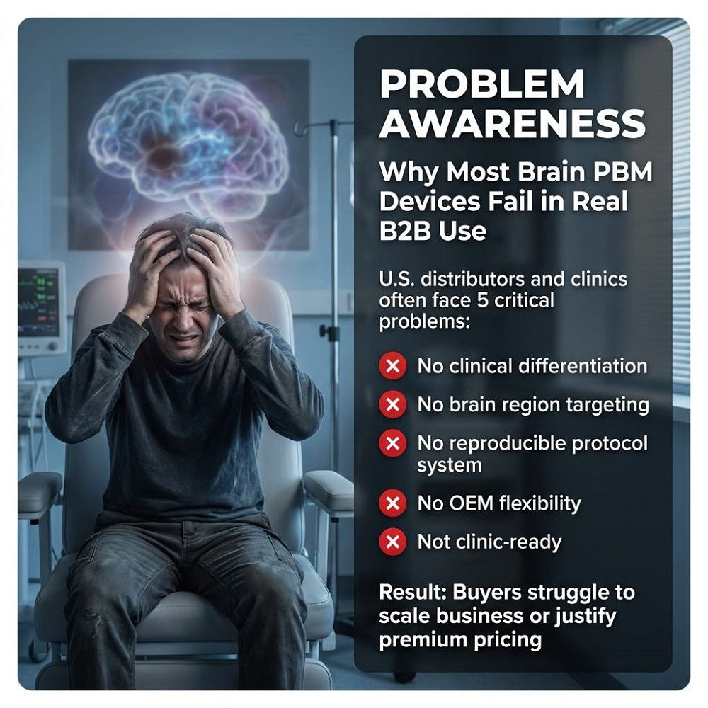 Problem awareness infographic showing the five major challenges clinics and distributors face with conventional brain photobiomodulation (PBM) devices, including poor differentiation, lack of targeted brain stimulation, and limited clinical scalability.