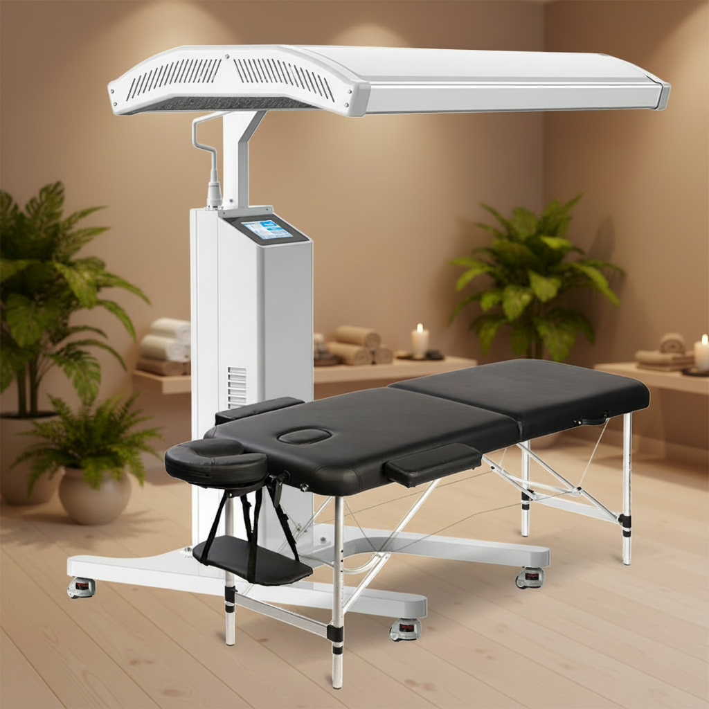 Patient receiving a full-body Dr.Fuji red light therapy treatment in a luxury spa environment