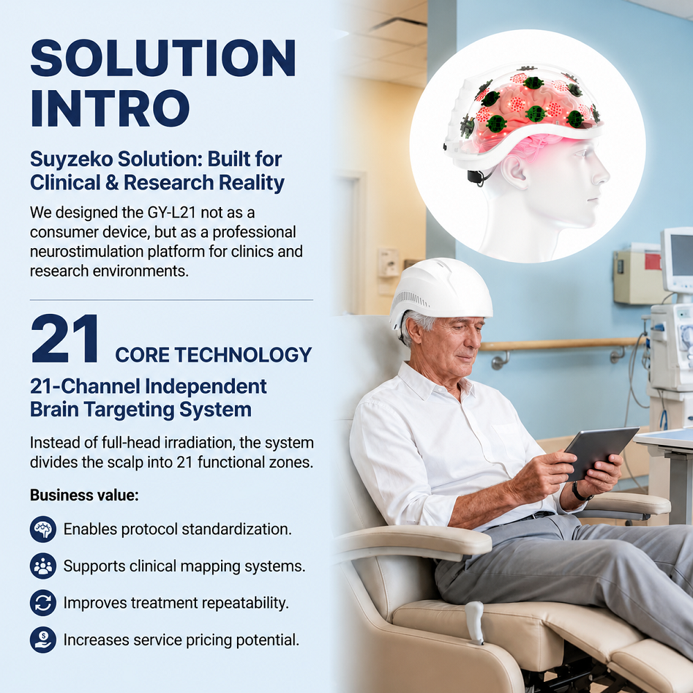 Clinical neurostimulation platform featuring a 21-channel independent brain targeting system designed for standardized treatment protocols, research applications, and scalable clinical deployment.