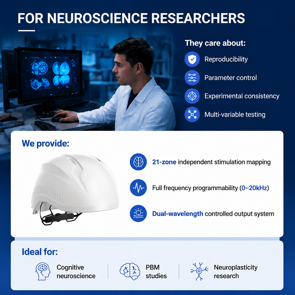 Professional brain photobiomodulation (PBM) helmet for neuroscience research featuring 21-zone stimulation mapping, programmable frequencies, dual-wavelength output, and reproducible research protocols.