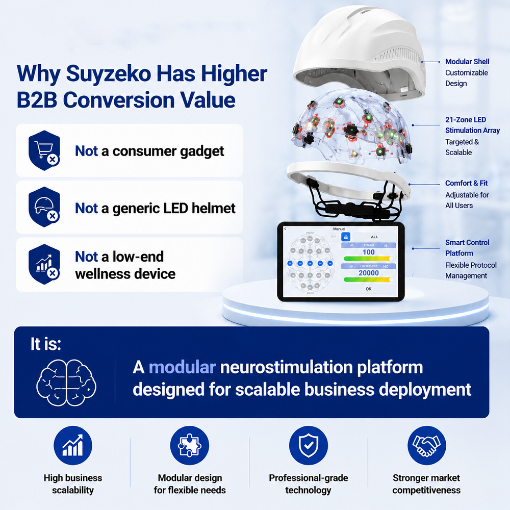 Exploded view of a modular neurostimulation helmet showing customizable shell, 21-zone LED stimulation array, smart control platform, and scalable design for clinical and OEM applications.