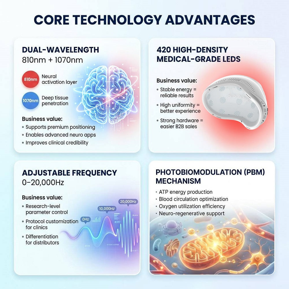 Core technology advantages of a professional brain PBM system highlighting dual-wavelength photobiomodulation, 420 high-density medical LEDs, programmable frequencies, and ATP-based cellular stimulation.