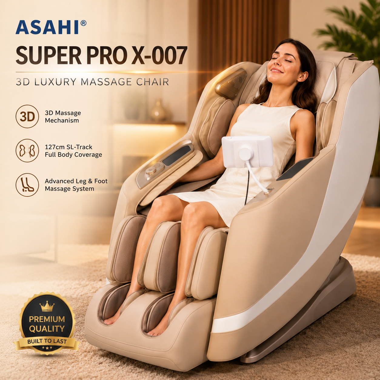 Woman relaxing in ASAHI Super PRO X-007 3D luxury full body massage chair in beige
