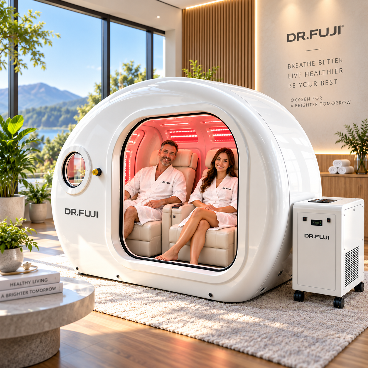A white Dr. Fuji sleep/health treatment capsule sits in a bright modern room with two people inside wearing white robes, alongside a matching white treatment unit on wheels.