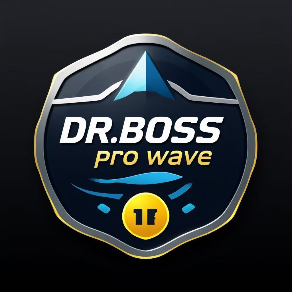 A shield-shaped DR.BOSS pro wave logo badge with a dark navy blue background, metallic silver border, gold accents, and a blue mountain graphic at the top, shown on a black background.