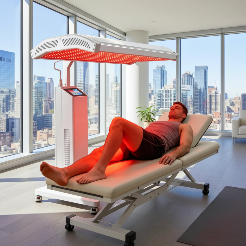 A man lies on a treatment bed under a red light therapy panel in a modern room with large windows overlooking a city skyline.