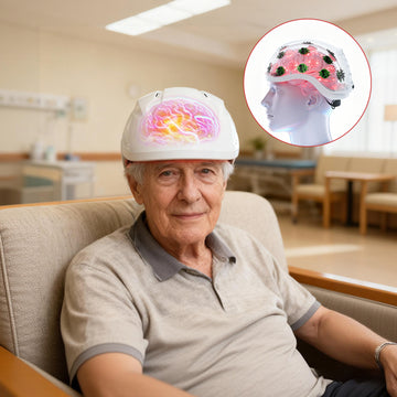 An elderly man sits in a chair wearing a white brain stimulation helmet with a glowing multicolor brain graphic on the front. A circular inset in the top right shows a mannequin head wearing the same helmet from the side, with visible electrode dots on a clear cap.