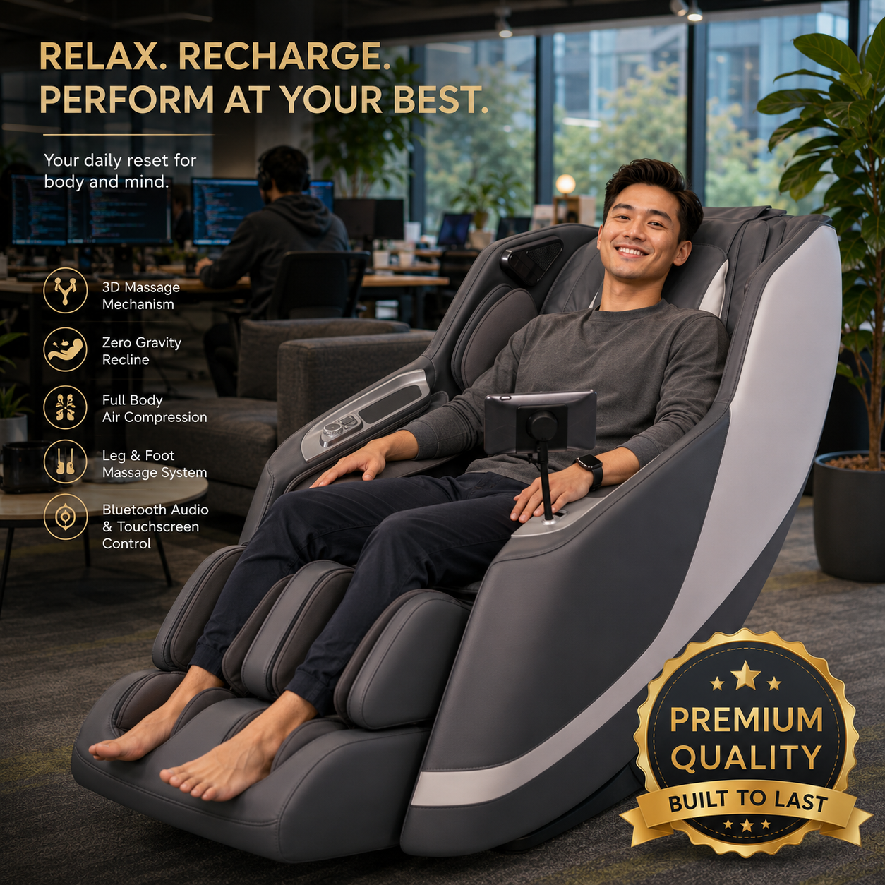 Software engineer relaxing in ASAHI Super PRO X-007 3D massage chair in a modern office