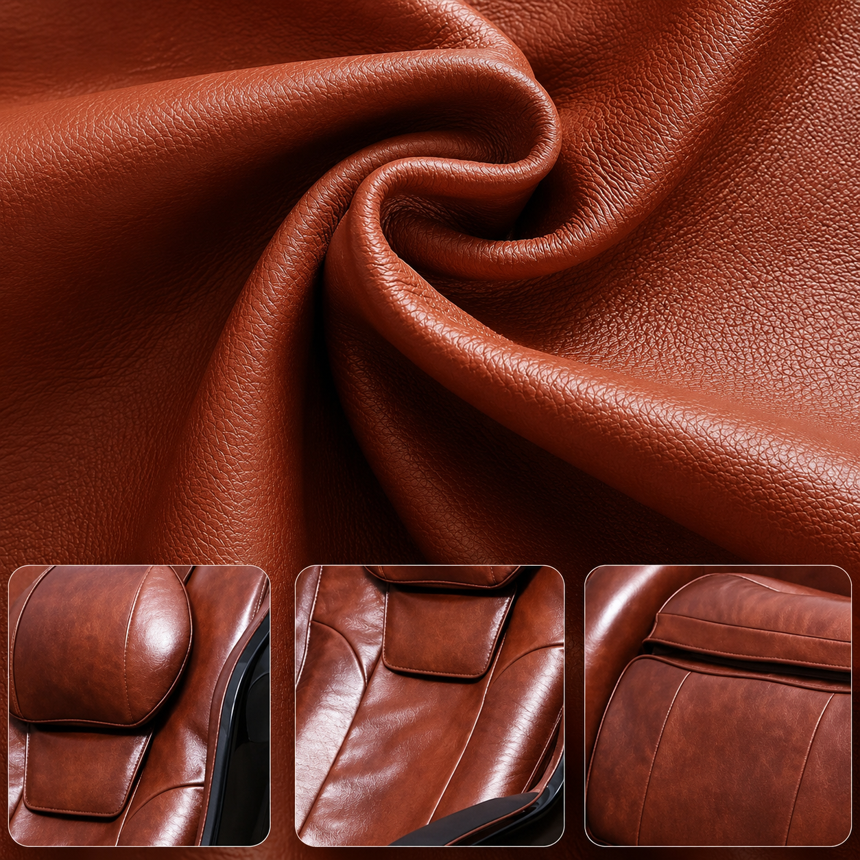 Close-up of premium top-grain two-tone genuine cowhide leather upholstery used on the DR.BOSS® FJ-2025 Pro Wave medical massage chair, showcasing luxurious texture, fine stitching, breathable comfort, and durable craftsmanship.