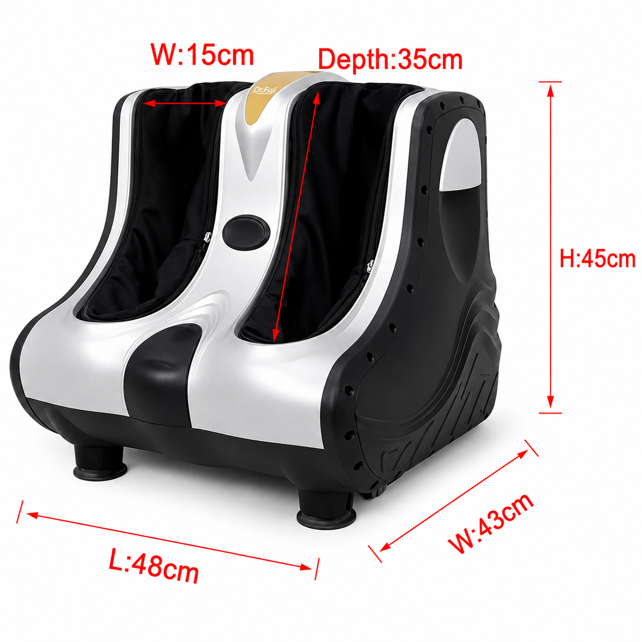 Dr.Fuji Foot & Calf Massager labeled diagram showing controls, handle, cover and massage zones.