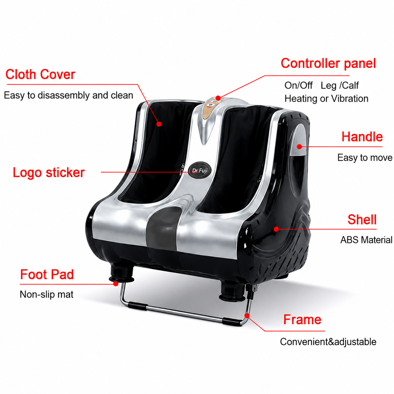 Dr.Fuji Foot & Calf Massager dimensions and product size illustration.