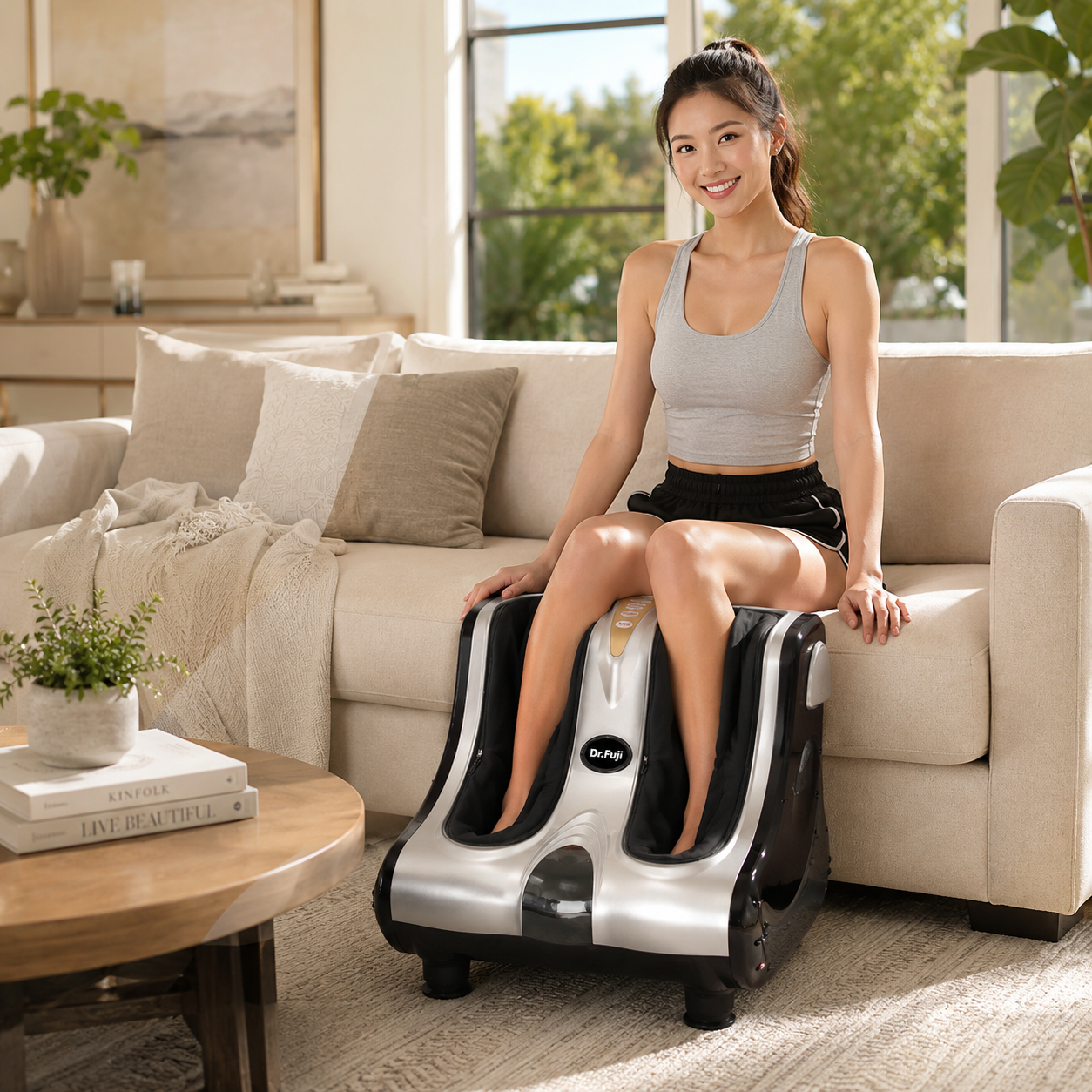 Woman relaxing with the Dr.Fuji Foot & Calf Massager in a bright modern living room.