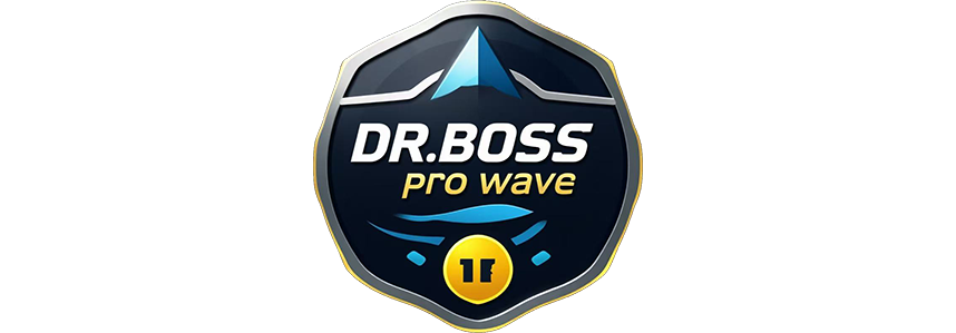 A shield-shaped logo or badge reading 'DR.BOSS pro wave' with a dark navy and black background, white and yellow text, blue graphic accents, and a small gold circle near the bottom, shown on a plain white background.
