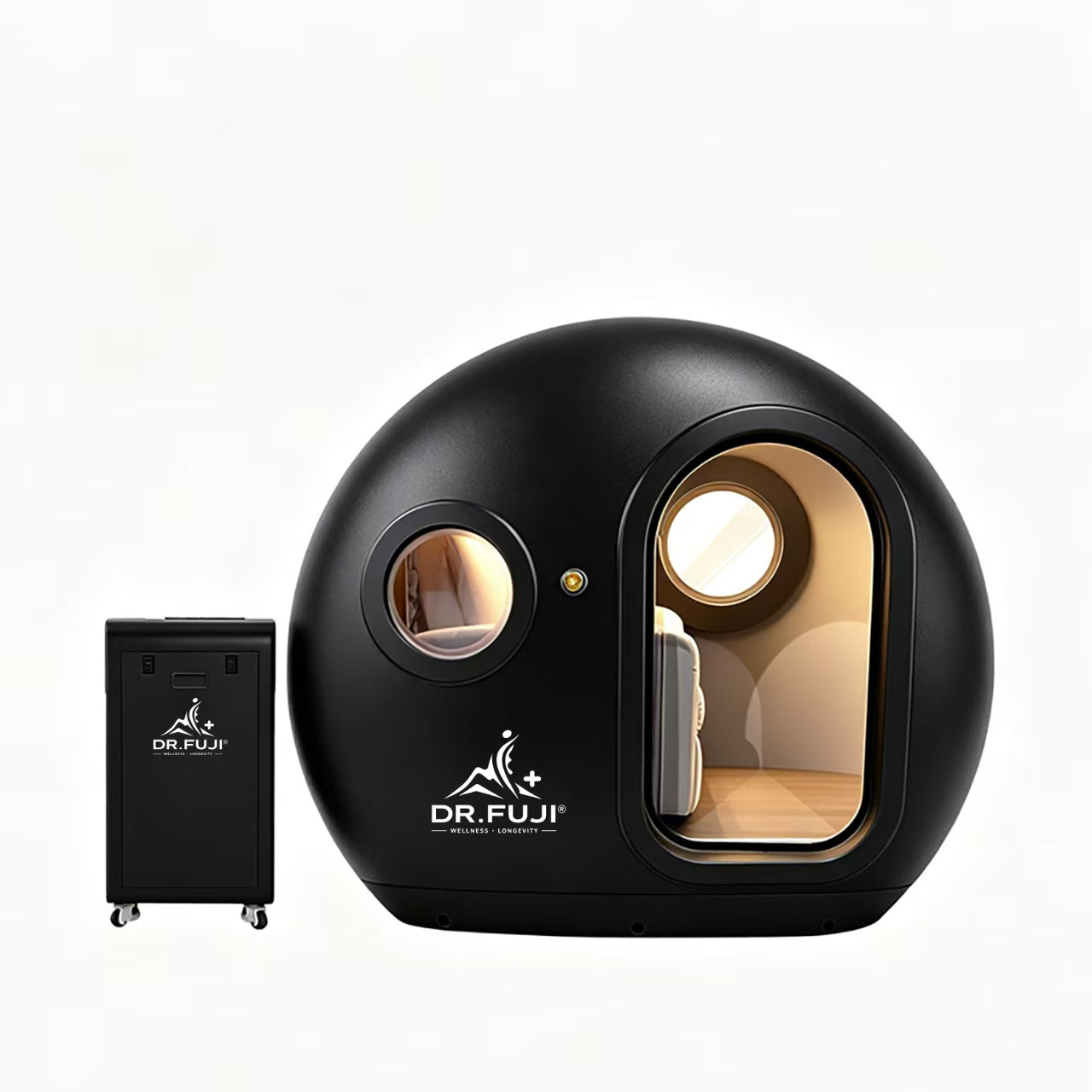 A black spherical Dr. Fuji massage or treatment pod with a warm illuminated interior, shown alongside a matching black wheeled control or accessory box on a clean white background.