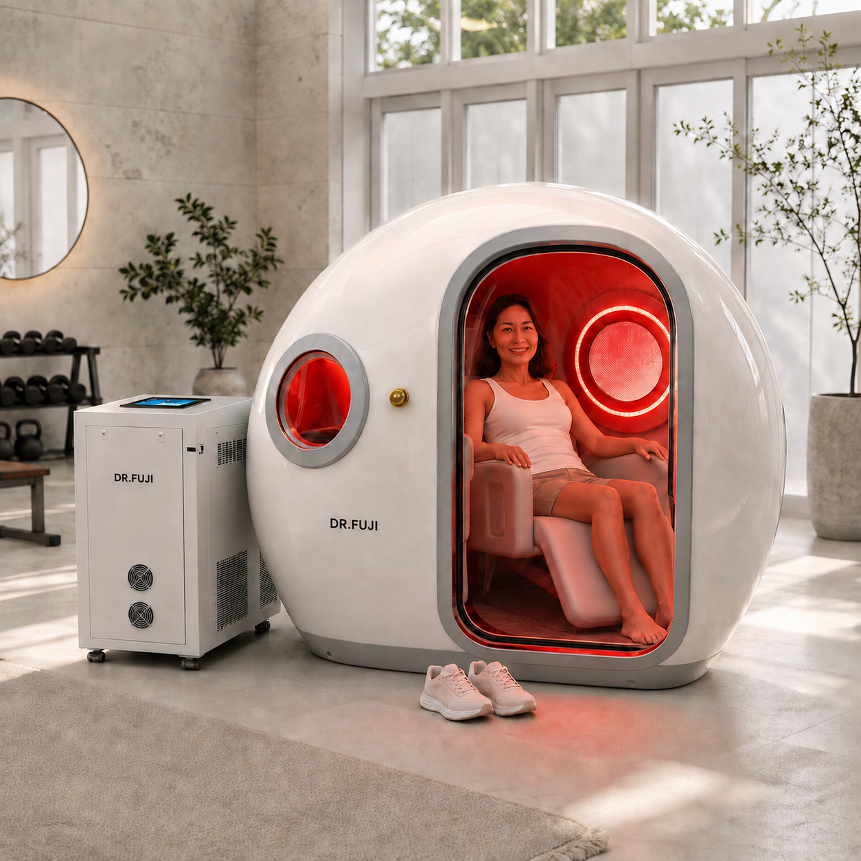 Woman using the DR.FUJI hard-shell hyperbaric chamber with red-light wellness lighting