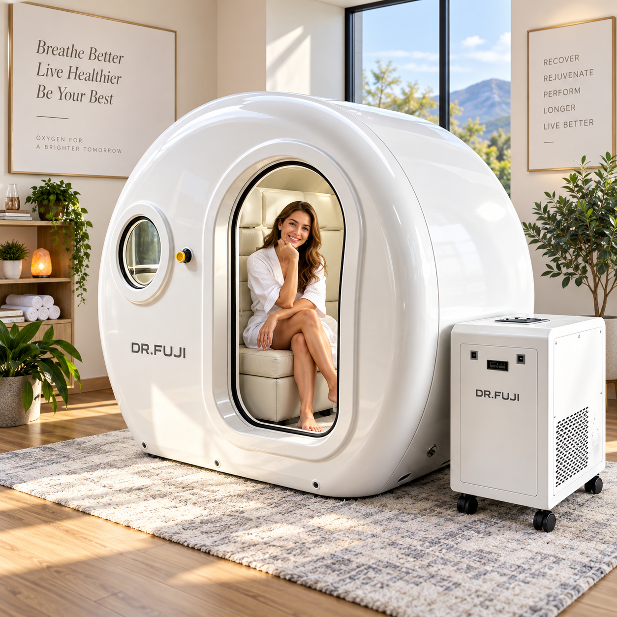 A woman sits inside a white Dr. Fuji pod-style home oxygen therapy room with a matching white oxygen generator on wheels beside it, set in a bright modern room with plants, framed wall art, and large windows.