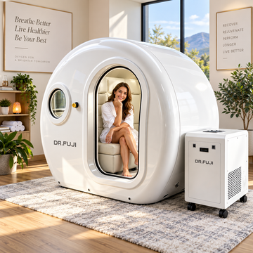 A woman sits inside a white Dr. Fuji pod-style home oxygen therapy room with a matching white oxygen generator on wheels beside it, set in a bright modern room with plants, framed wall art, and large windows.