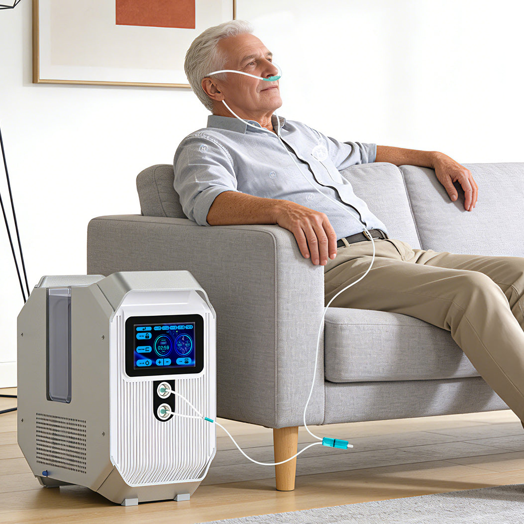 Senior man using the DR.FUJI FJ-20065 hydrogen-oxygen inhalation machine at home
