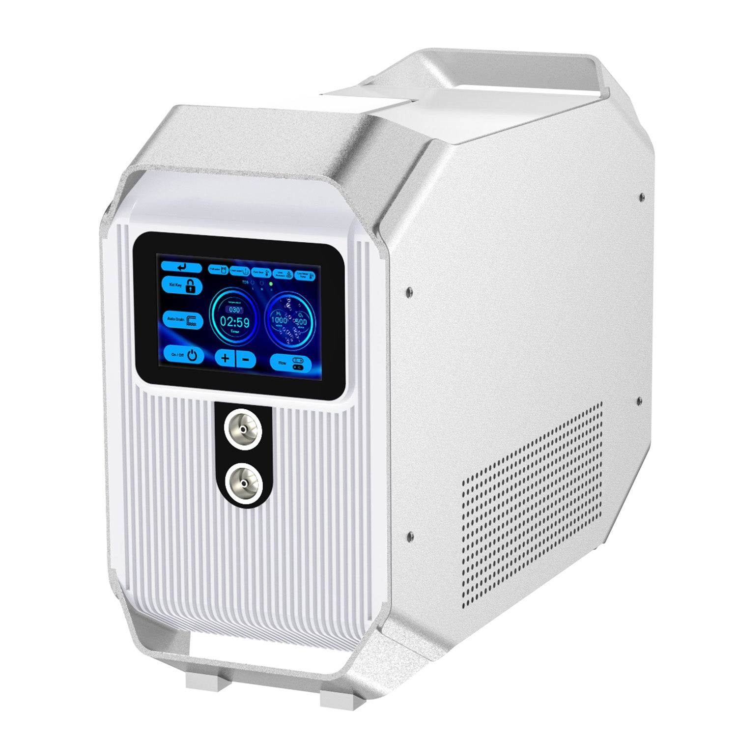 A white and silver portable power station with a digital blue display screen on the front, shown on a solid white background.