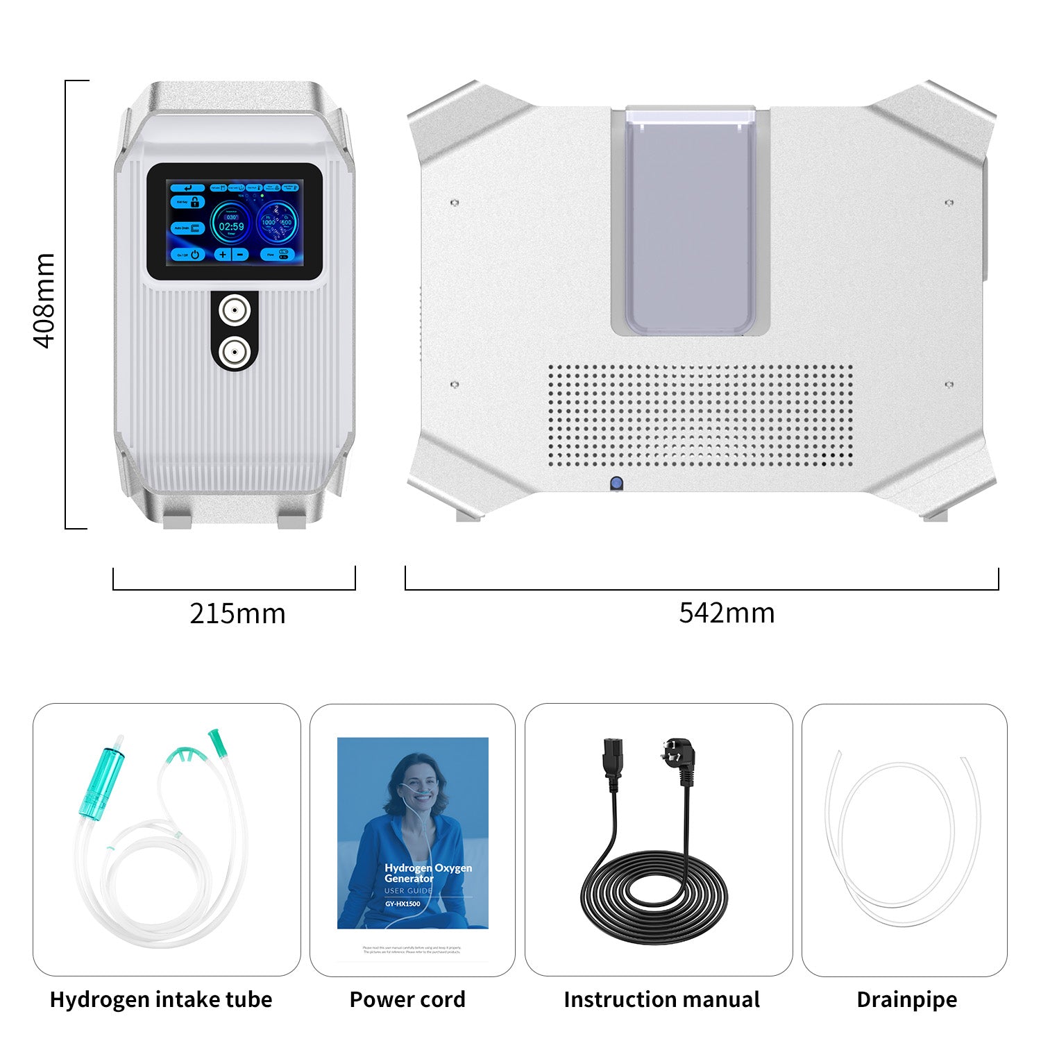An oxygen concentrator shown from front and back views with dimension labels (408mm height, 215mm width, 542mm depth), plus included accessories: a hydrogen intake tube, power cord, instruction manual, and drainpipe, on a white background.