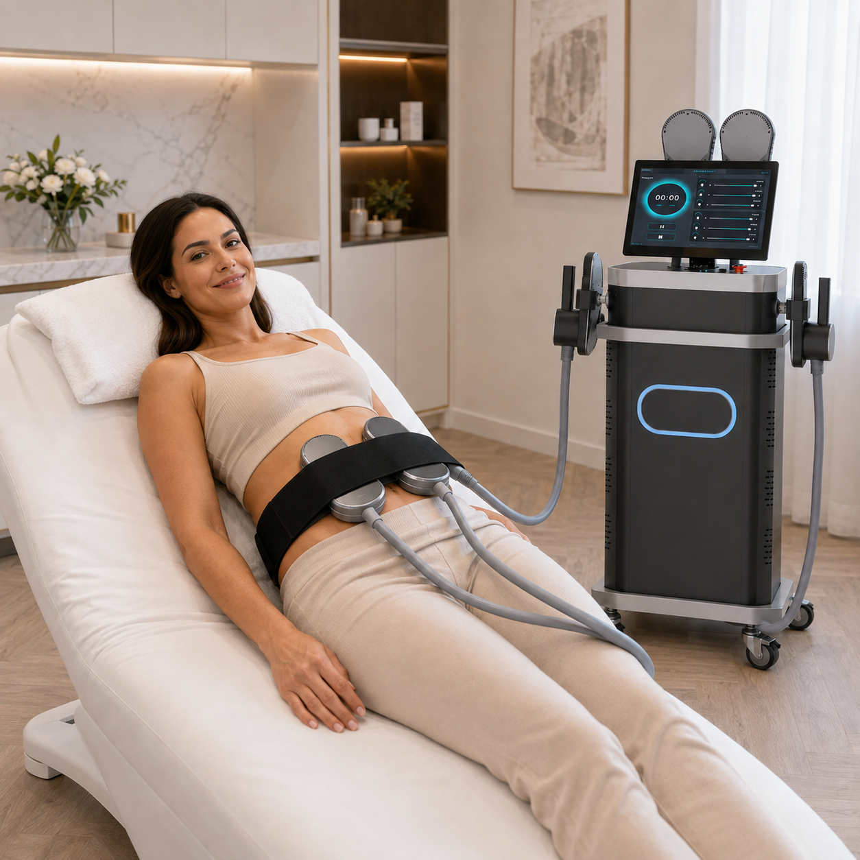 A woman reclines on a white treatment bed wearing a black abdominal compression device, with a large black and silver electronic machine beside her in a bright, modern spa or clinic room.