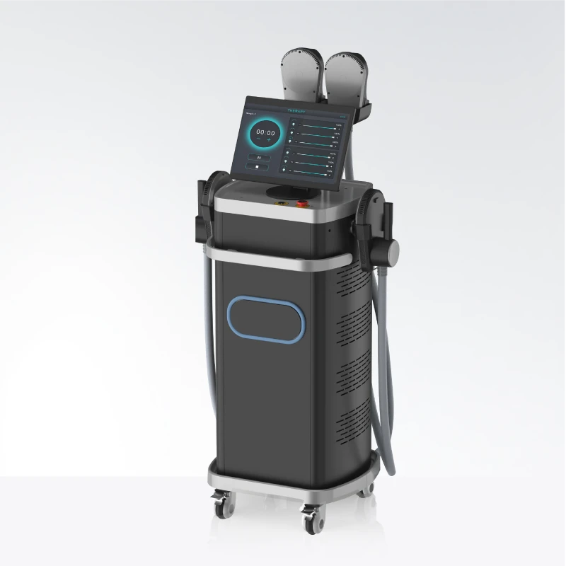 A modern medical beauty device with a dark gray and silver body, featuring a digital control screen, dual handpieces, and a wheeled base, shown on a light gray background.