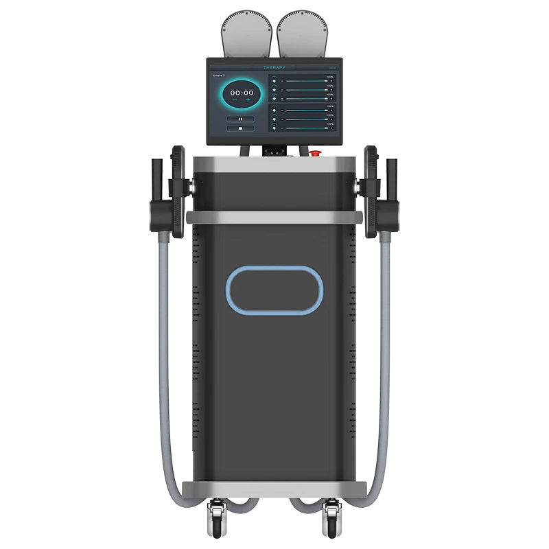 A modern medical or beauty treatment machine on a wheeled cart, featuring a dark gray cabinet, a digital control screen on top, and two round treatment heads above the screen, with gray tubes extending downward on both sides.