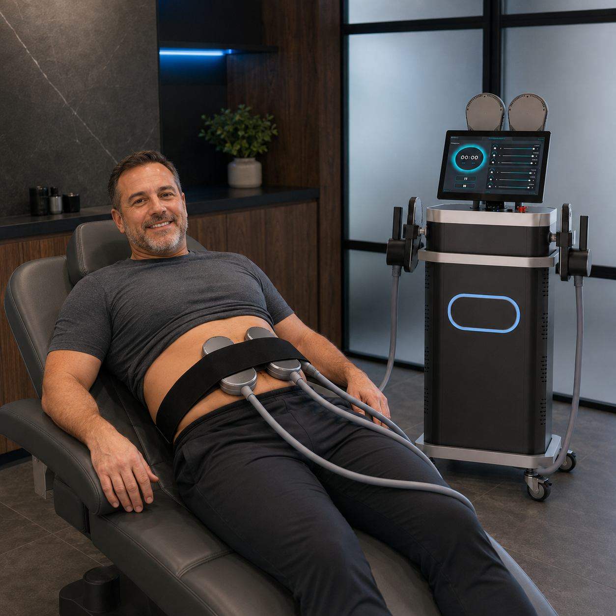A man reclining on a treatment chair with an abdominal massage device attached to his stomach, with a black and silver electronic machine beside him in a modern treatment room.