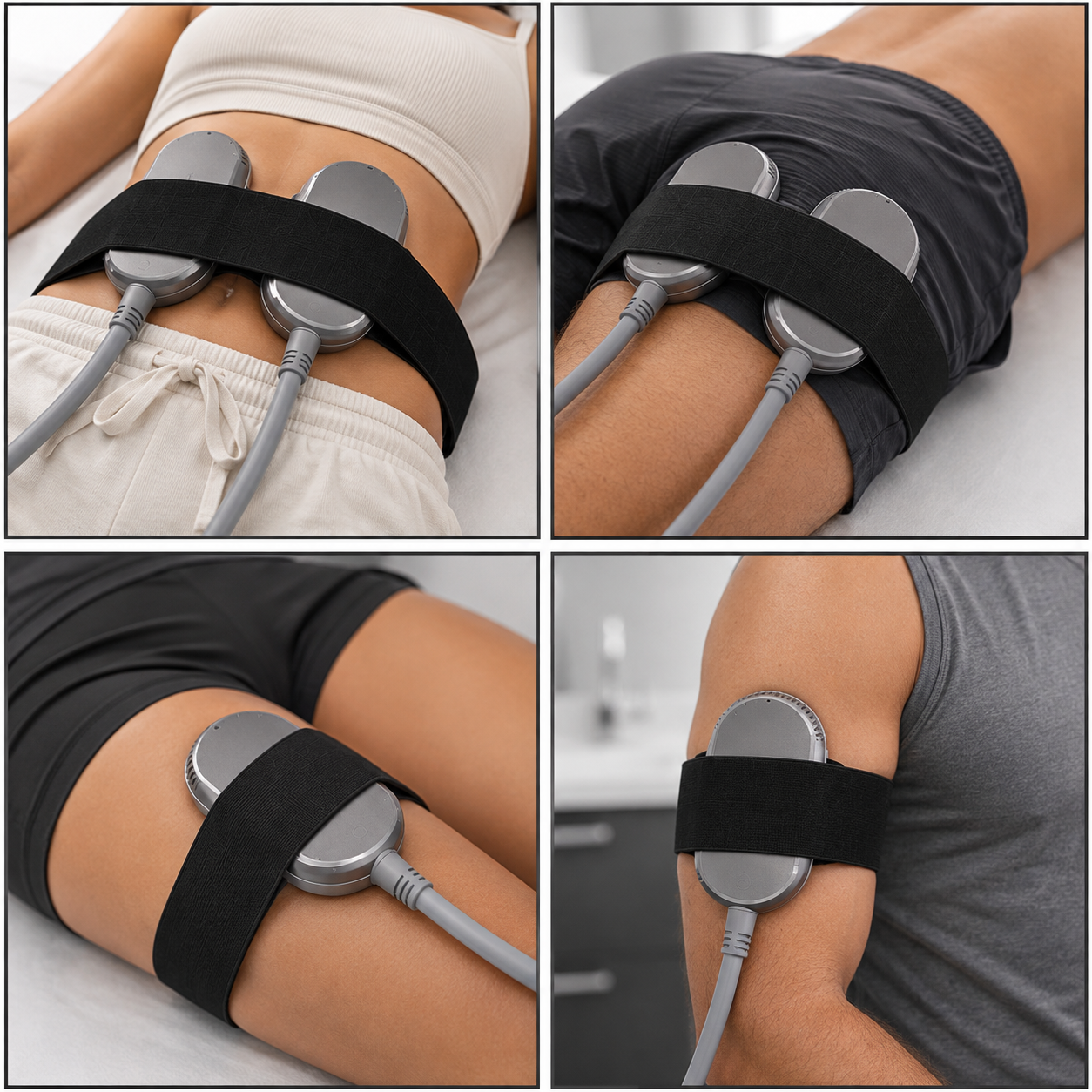 A four-panel collage showing a person wearing an abdominal and upper-arm TENS-style muscle stimulator device. Each panel shows the device attached with a black elastic strap, with silver circular pads and gray cables placed on the torso, shorts, thigh, and arm.