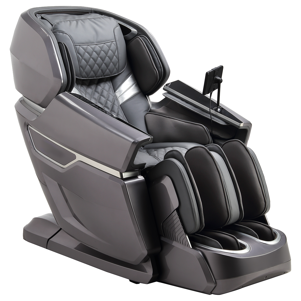 Gray massage chair with quilted headrest on a white background