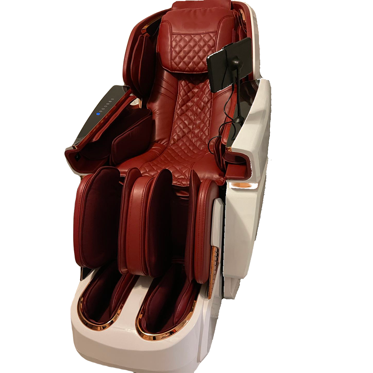Red massage chair with quilted design on a white background