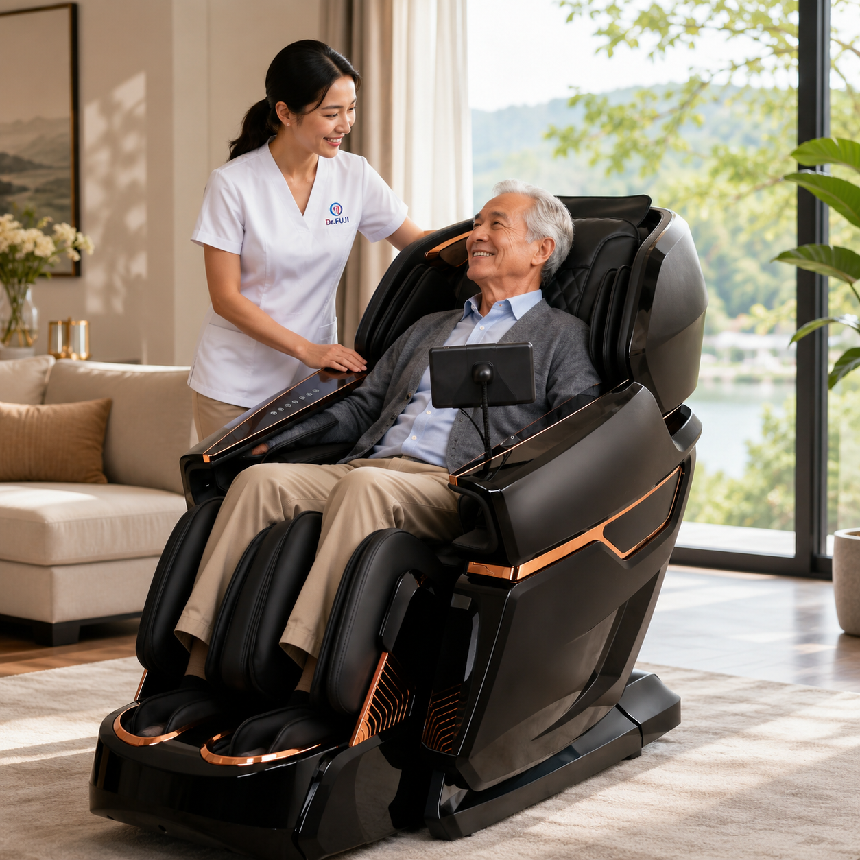 DR.BOSS® FJ-8500 Plus AI 4D Massage Chair. Flagship AI-Powered Luxury Massage, Personalized to Your BodyA modern black foot massager with copper accents is shown in a bright living room, with an elderly man reclining inside and a woman in white medical-style scrubs standing beside him.