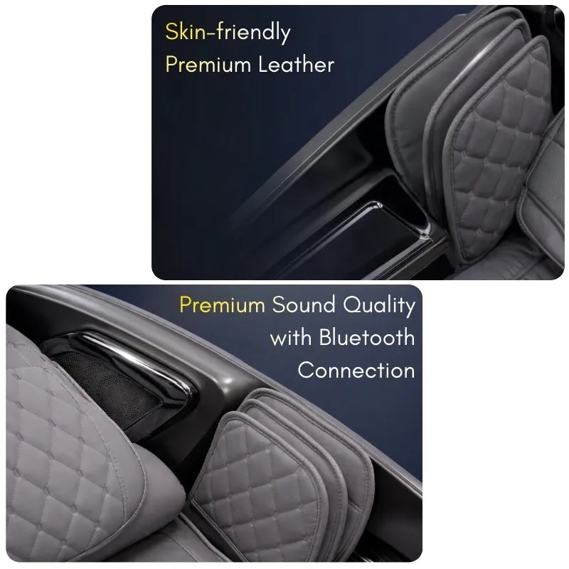 FJ-9000 DR.BOSS® AI 4D Robotic Therapeutic Massage Chair. Two-panel promotional image showing gray quilted seat and headrest covers installed on a car interior. Text overlays read 'Skin-friendly Premium Leather' and 'Premium Sound Quality with Bluetooth Connection.