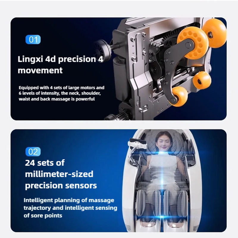 FJ-9000 DR.BOSS® AI 4D Robotic Therapeutic Massage Chair. A promotional infographic with two panels showing massage machine features: top panel highlights 'Lingxi 4d precision 4 movement' with a close-up of the machine's orange and silver mechanism, and bottom panel highlights '24 sets of millimeter-sized precision sensors' with a woman reclining inside the massage chair.