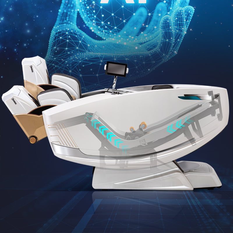 A futuristic white and gray automatic massage spa chair with gold accents, shown from a three-quarters angle against a dark blue digital background with a glowing hand graphic.